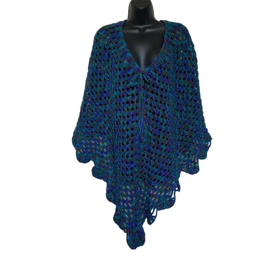 Hand Crocheted Poncho V Neck Tie Front Scalloped Edging Bohemian Festival